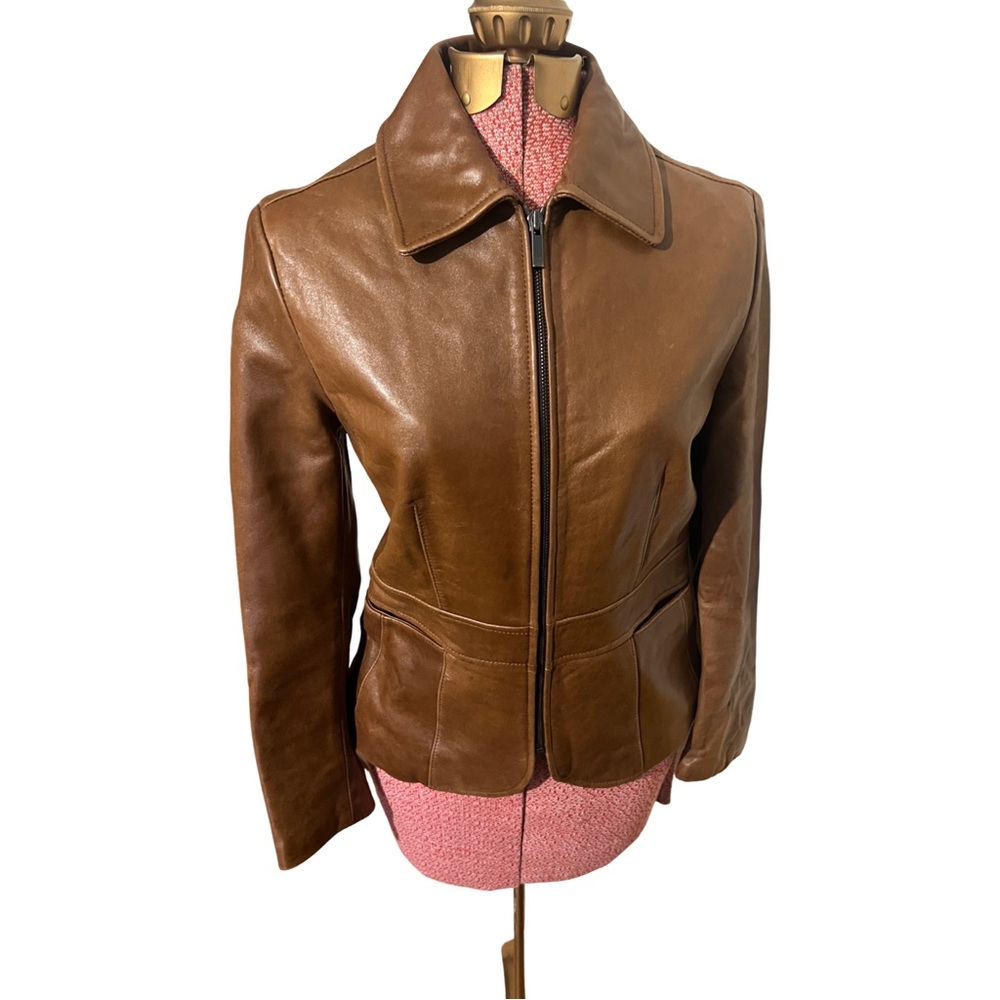 Ann Taylor Genuine Leather Brown Zip Jacket Classic Tailored Size S - Picture 2 of 12